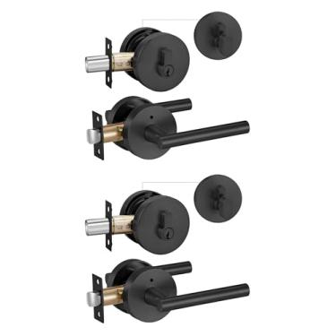 Imagem de Lethato Conjunto de maçaneta de porta preta e fechadura, conjunto de fechadura de porta frontal, maçaneta de porta externa, fechadura redonda de chave única (pacote com 2)