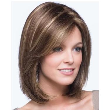 Imagem de SEVENCOLORS Perucas de cabelo sintético curto marrom misto loiro para mulheres brancas na altura dos ombros com franja lateral, destaques loiros lisos, peruca feminina