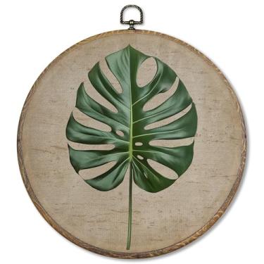 Imagem de FUGWN Decoração de parede redonda vintage verde Monstera emoldurada, impressão de arte em tela de folha de palmeira tropical, decorações botânicas para pendurar na parede de folha Monstera para casa