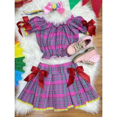 Imagem de Conjunto Infantil Junino Ciganinha Rosa Chiclete Xadrez Colorido - Ves