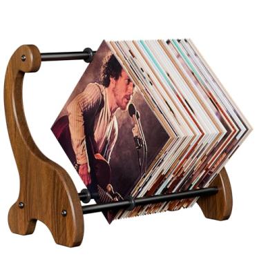 Imagem de CILXGQLN Porta-discos de vinil premium de madeira e caixa de álbum, comporta mais de 60 discos, suporte de exibição de mesa para amantes de vinil
