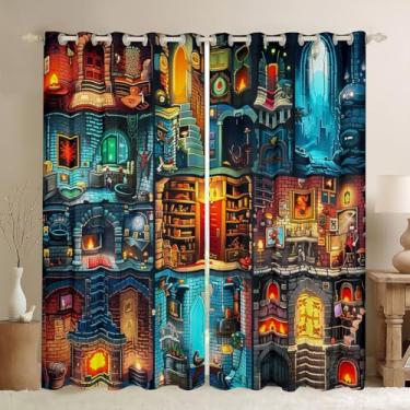 Imagem de Cortina de janela para jogos Sandbox, cortinas de decoração de quarto com tema de mineiro pixelado, blocos de patchwork, vista da cidade, tratamento de janela, jogador, 30-50%, cortinas blackout, 2