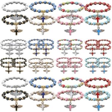 Imagem de Huquary 48 peças, pulseira de rosário com cruz de asa de anjo, pulseiras de contas para mulheres, homens, Natal, aniversário, Jesus comunhão católica, batismo, presentes de Páscoa