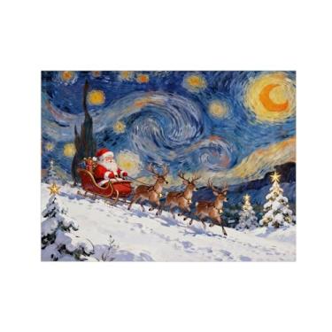 Imagem de Pinturas em tela Natal-Quadros decoração parede-Trenó cervos noite estrelada-Paisagens inverno para sala de estar 60x80cm Sem Moldura