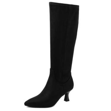 Imagem de Jones New York Botas femininas de cano médio com cabedal de microcamurça elástica, zíper interno, palmilha acolchoada de espuma e salto empilhado - Sonton, Preto, 36