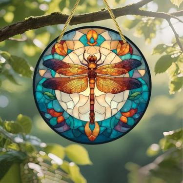 Imagem de Protetor solar de acrílico colorido, vitral de libélula, janela suspensa de 18 cm, decoração de parede com design de vitral impresso, ideia de presente e ornamento de jardim, uso interno e externo