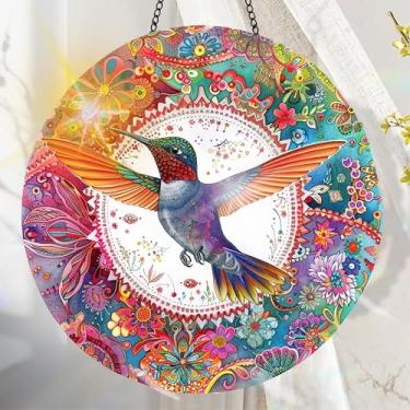 Imagem de Suncatcher acrílico colorido, decoração de janela suspensa de pássaros com design de vitral impresso, apanhador de sol, arte de parede de arco-íris, ornamentos de Natal para uso interno e externo 19,8