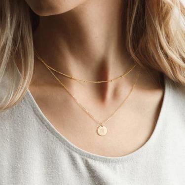 Imagem de Colares com inicial para mulheres, banhado a ouro, pingente em camadas, renda dupla face, moeda, letra A-Z, presentes de aniversário e Natal personalizados para mulheres, joias modernas, presentes, 14