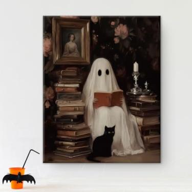 Imagem de Spooky Books Ghost Halloween Wall Art Vintage Ghost Cat Poster Dark Academia Halloween decoração de parede para biblioteca, sala de estar, quarto, 20 x 25 cm