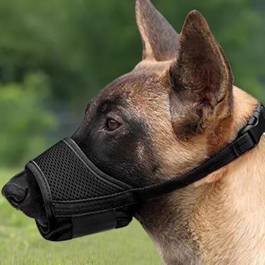 Imagem de Focinheira de malha respirável ajustável para cães médios, evita mordidas e mastigações, material de nylon, tamanho médio em preto