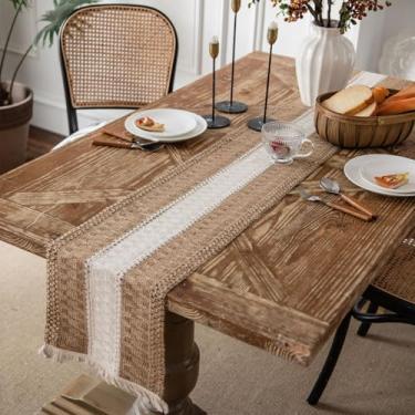Imagem de Caminho de mesa com padrão geométrico Boho Farmhouse de 29 × 130 cm com textura tecida e borda de franja para mesa de jantar, cozinha ou console estilo de casa (marrom)
