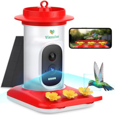 Imagem de Vixrador Alimentador de beija-flor com câmera alimentada por energia solar, alimentadores inteligentes de pássaros sem fio HD 2,5K com câmera, identificação AI, captura automática de vídeos de