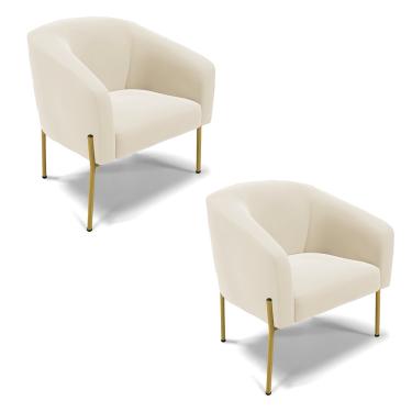 Imagem de Poltrona Decorativa Pé de Ferro Dourado Kit 2 Stella Veludo Bege D03 - D'Rossi