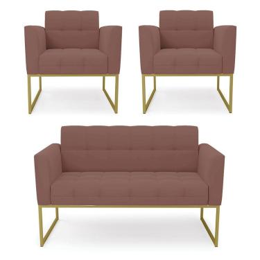 Imagem de Kit 1 Sofá Namoradeira E 2 Poltronas Elisa Veludo Base Metálica Industrial Dourado - D'rossi Cor Rose