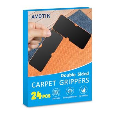 Imagem de Avotik Aderência de tapete para pisos de madeira: 24 PCS Fita de tapete sem danos - Punhos antiderrapantes para tapetes de área - Fita de carpete segura para pisos de madeira, fixação segura e forte