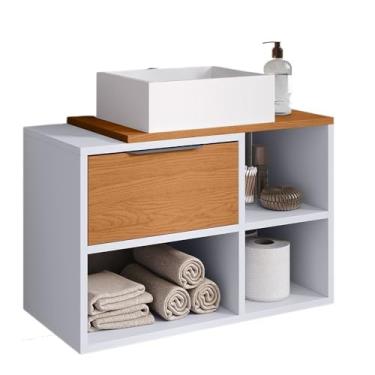 Imagem de Gabinete Suspenso Para Banheiro 60cm Com 1 Porta Basculante e Nichos(Branco/Nature)
