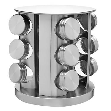 Imagem de Porta Temperos Com Suporte Inox 12 Frascos De Vidro Com Base Rotatória Para Cozinha