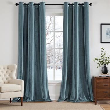 Imagem de ANRODUO Cortinas de veludo azul acinzentado de 267 cm de comprimento, blecaute, isolamento térmico, à prova de som, cortinas de escurecimento de quarto, cortinas de janela com ilhós para quarto, sala