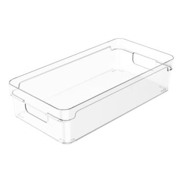 Imagem de Caixa Organizador de Prateleira Transparente Empilhável para Geladeira Despensa Armário 30x15x7cm com Alça