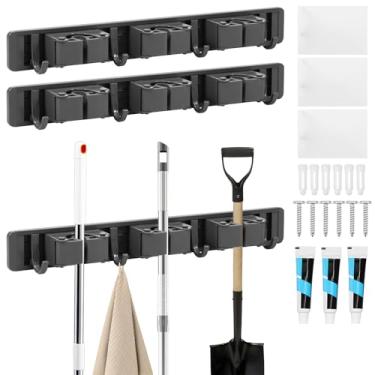 Imagem de Suporte de esfregão de vassoura, 3 peças, fácil instalação, à prova d'água, suprimentos de limpeza, cabide com 3 compartimentos, 4 ganchos para cozinha, banheiro, garagem, jardim (cinza escuro - 3