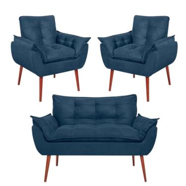 Imagem de Conjunto Sofá Namoradeira 2 Lugares + 2 Poltronas Opala VIT DECOR - Estofado Suede Confortável Pés Palito - Decoração Ambiente Completo - Bege/Cinza/Rose (Azul Marinho)