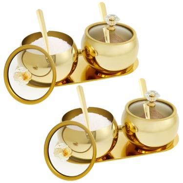 Imagem de Conjunto de 4 peças de açucareiro de aço inoxidável 304, recipiente de açúcar com tampa de vidro, colher e bandeja, pote de condimento dourado de 250 ml, caixa de temperos, potes de condimentos para