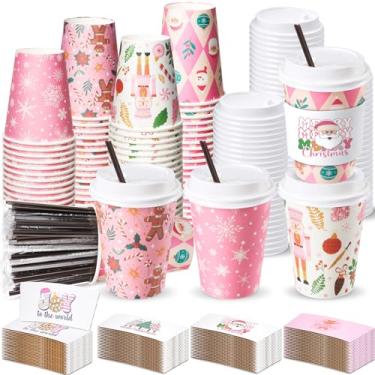 Imagem de Remerry 100 conjuntos de 400 peças de copos de café descartáveis de Natal de 340 g com tampa, canudos e mangas, flocos de neve, rena, boneco de neve, suprimentos de festa de Natal para bebidas quentes
