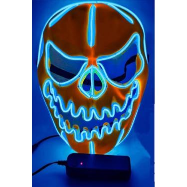 Imagem de SHANJIA Máscara de Halloween, máscara iluminada, crânio assustador com iluminação LED para festival de Halloween, cosplay, baile de máscaras, festa de carnaval (azul)