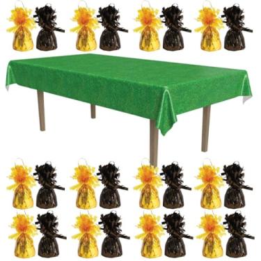 Imagem de Beistle Pacote de festa esportiva – Capa de mesa de grama verde de plástico e pesos metálicos em marrom e amarelo para eventos de futebol e futebol, festas traseiras, churrascos, piqueniques e