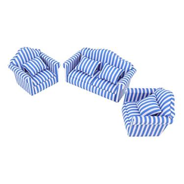 Imagem de Hztyyier 3 Pçs Conjunto de sofá para Casa de Bonecas Pano de Pinho Duplo e 2 único sofá Tira de Cor Clara, Decoração Romântica e Casual, Jogadores de Boneca Ideais (Azul)