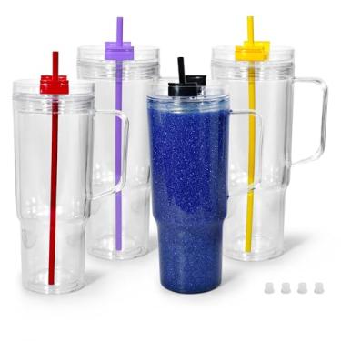 Imagem de sweet grain Copo de globo de neve (pacote com 4) - Copo de acrílico de 1,134 g com alça e palha, copos de plástico de parede dupla pré-perfurados para globo de neve DIY com glitter - tampas de cores