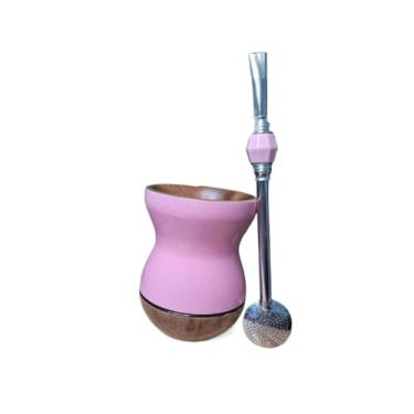 Imagem de TaçAs de Vinho, Copos de Mate,Cuia Chimarrao，Kit Cuia Madeira Bicolor Premium Bomba Inox ，Cuia de ChimarrãO(BB Rosa + Bomba Pedra)