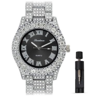 Imagem de ICEDTAG Conjunto de relógio e pulseira com algarismos romanos luxuosos com pedras grandes, mostrador colorido, Ouro branco - mostrador preto, Regular, Decoração de festa chá de bebê dia dos namorados