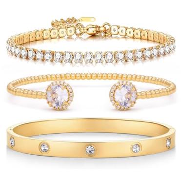 Imagem de Arthur Liu Conjunto de pulseiras femininas de ouro e prata 14K com zircônia cúbica para presente moderno, One Size, Aço inoxidável, cobre, Zircônia cúbica