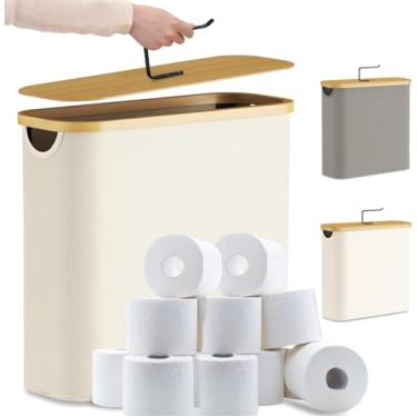 Imagem de Armazenamento de papel higiênico com suporte de metal e tampa de bambu, comporta 24 rolos de papel higiênico, suporte de papel higiênico à prova de umidade, organizador de acessórios de banheiro da