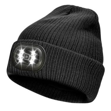 Imagem de IVYWNT Gorro unissex de LED com luz, lanterna de cabeça recarregável por USB, chapéu de malha de inverno, presente de Natal para homens e mulheres, preto