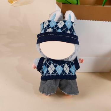 Imagem de Compatível com Labubu 15 cm/17 cm (não inclui boneca) – gorro azul marinho, colete combinando e shorts jeans cinza, conjunto de roupas de boneca (azul marinho e cinza)
