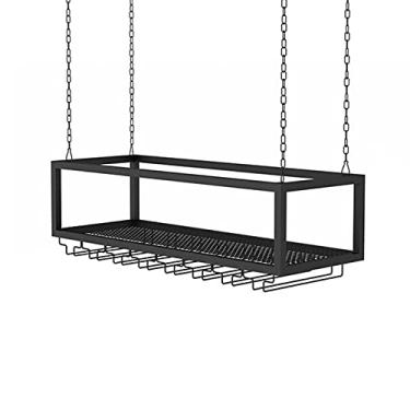 Imagem de Prateleira de teto industrial rústica de altura ajustável - Prateleiras de vidro de vinho penduradas para exibição de bar, conjunto/livro/decoração de vaso de flores