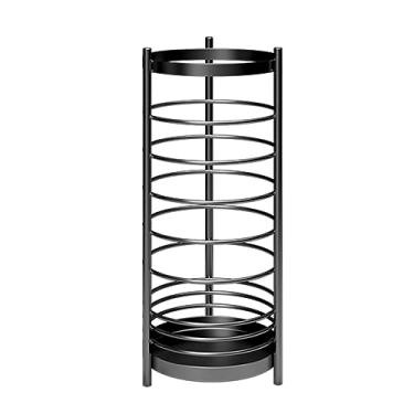 Imagem de 3FLQOOPP Suporte de guarda-chuva de ferro, suporte de guarda-chuva redondo, suporte de guarda-chuva sem rack com 3 ganchos e bandeja coletora, suporte de armazenamento de guarda-chuva decoração (preta