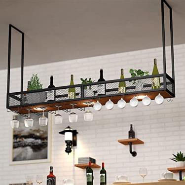 Imagem de Prateleira de montagem no teto, rack de vinho suspenso industrial, com suporte de vidro e prateleira, rack de copo de vinho de teto, prateleiras flutuantes de bar/café/cozinha/120 cm