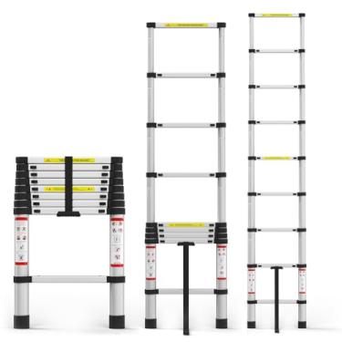Imagem de Escada telescópica telescópica de 2,5 m, escadas de extensão de alumínio com pés antiderrapantes, Escadas de sótão extensíveis portáteis leves com capacidade máxima de 150 kg, travas de segurança para