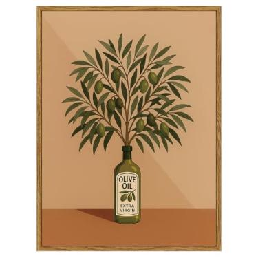 Imagem de ARPEOTCY Arte de parede em tela emoldurada vintage, garrafa de azeite de oliva com estampa de ramos de oliveira, decoração de parede de cozinha mediterrânea, ilustração botânica rústica de fazenda
