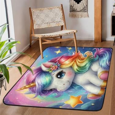 Imagem de Tapete de área para sala de estar, lavável à máquina, arco-íris, adorável unicórnio, tapete antiderrapante, tapete macio para sala de estar, quarto, sala de jantar, berçário, cozinha, decoração de
