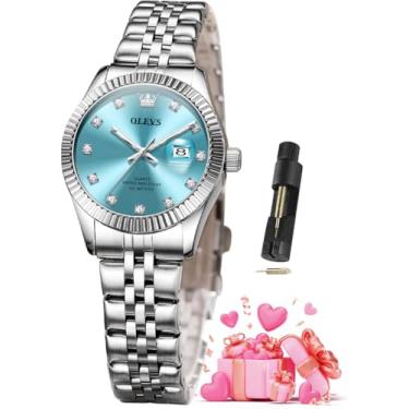 Imagem de OLEVS Relógios femininos luxuosos, elegantes, de aço inoxidável, à prova d'água, luminosos, diamantes, modernos, relógios femininos para pulsos pequenos, 3705 - azul prateado, relógio feminino