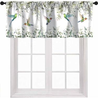 Imagem de DKMQQUL Cortinas de saia de folhas de pássaros, beija-flor em aquarela, verde, eucalipto, floral, tratamento de janela curta, sanefas para cozinha, sala de estar, sala de jantar, 137 x 45 cm