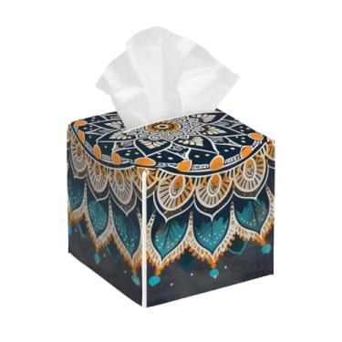 Imagem de Porta-lenços de couro quadrado à prova d'água com estampa étnica mandala organizador de papel facial com cinto inferior cubo estojo de lenços para mesa, banheiro, escritório, mesa, carro, decorativo
