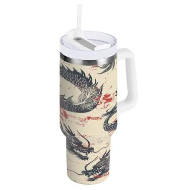 Imagem de xigua Copo vintage com estampa de dragão de 850 g com tampa e canudo, aço inoxidável de vácuo duplo isolado garrafa de água esportiva suporte para copo de café de viagem à prova de vazamento para