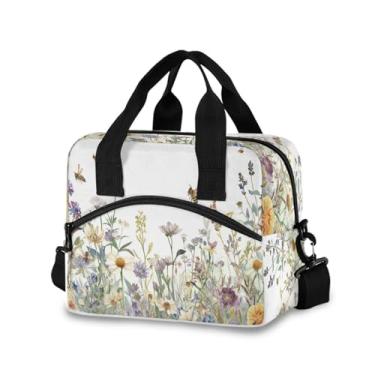 Imagem de Blueangle Lancheira isolada com estampa de ervas e flores silvestres, alça de ombro removível e alça - lancheira reutilizável para homens e mulheres (415)