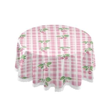 Imagem de SEHANY Toalha de mesa redonda xadrez rosa cereja 152 cm, tecido lavável sem rugas, toalha de mesa redonda com renda decorativa para restaurante, casamento, acampamento, festa Fiesta Cinco de Mayo