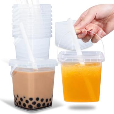 Imagem de UMETASS Pacote com 10 baldes reutilizáveis de 10 ml com tampa selada e canudo – Copos de festa de plástico transparente para café, bebidas e gelo, recipiente de plástico para armazenamento de